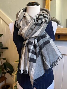 Burberry Gray and Black Check Lightweight Wool and Silk Scarf Wrap